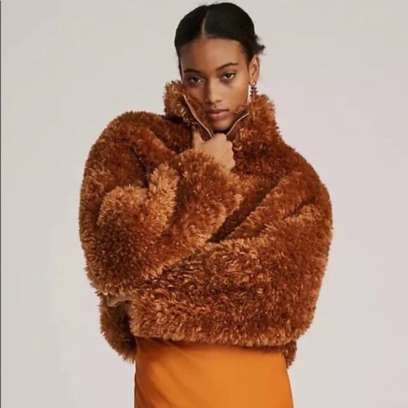 Anthropologie Maeve Teddy Faux Fur Cropped Zip Up Jacket Honey Brown, 2X - Picture 2 of 8